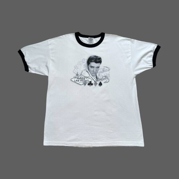 Elvis Presley Las Vegas Ringer Tee White/Black Mens SS Tee 2XL EUC - Picture 1 of 6